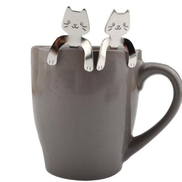 Cat Spoons Tea Spoons Stirrers Cup Hugging Kitty Cats Stainless Steel 2 PC Set - Picture 2 of 16